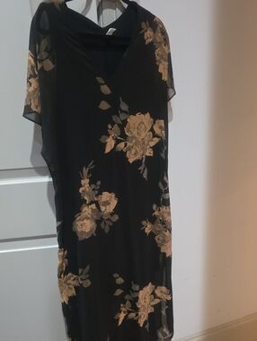 Black Midi Dress with Cream Floral Motif